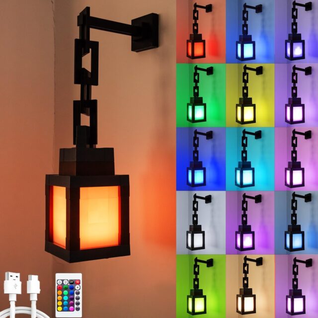 Pixelated Lantern Night Light - 16 Color LED Rechargeable Night Lamp with Remote Control & Touch Switch, Portable Wall Mount or Tabletop Light for Bedroom, Game Room, Gift(with Chain and Bracket)